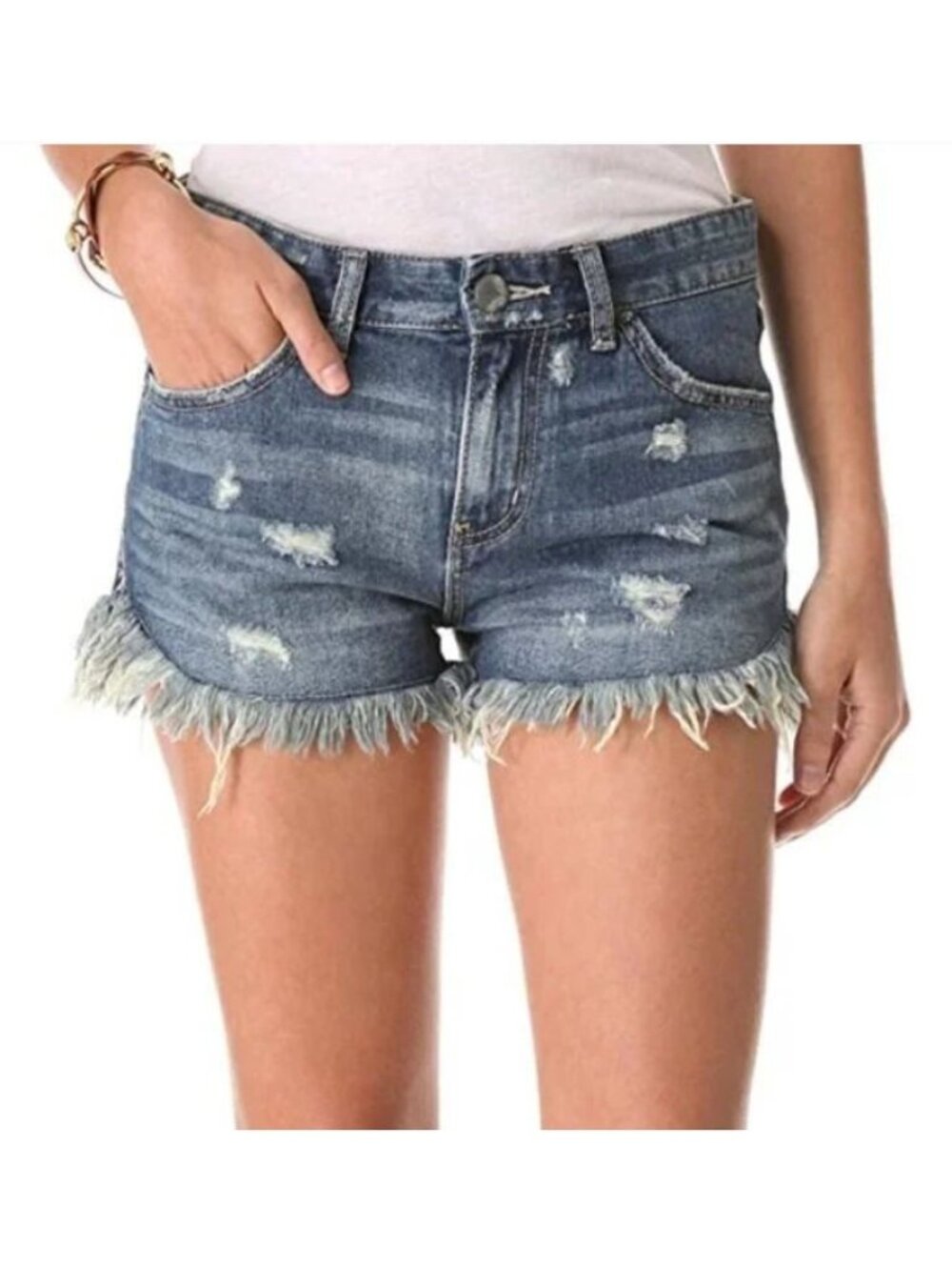 Free People Denim Shorts Distressed Womens Size W 27‎ Blue Raw Hem Summer